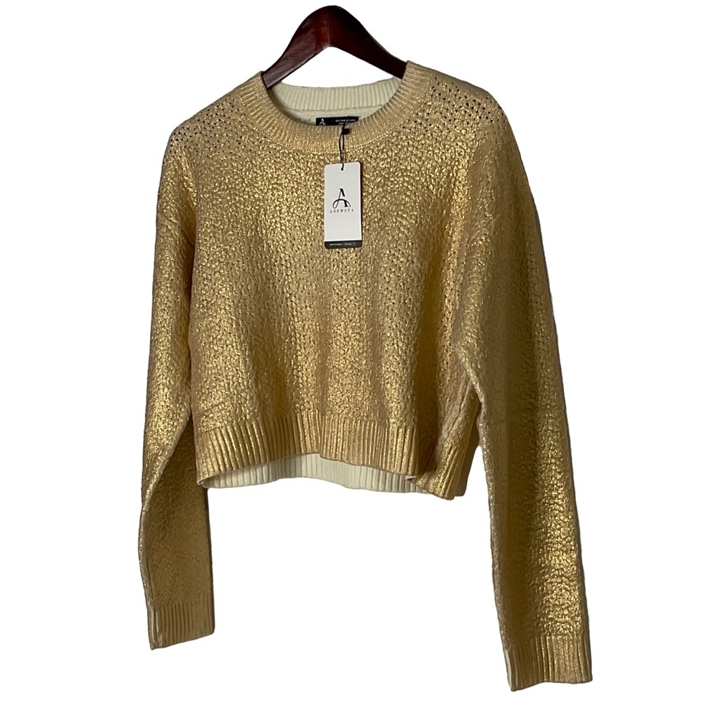 Anewsta Women’s Knit Metallic Gold Pullover Cropped Long Sleeve Sweater Sz 8/10